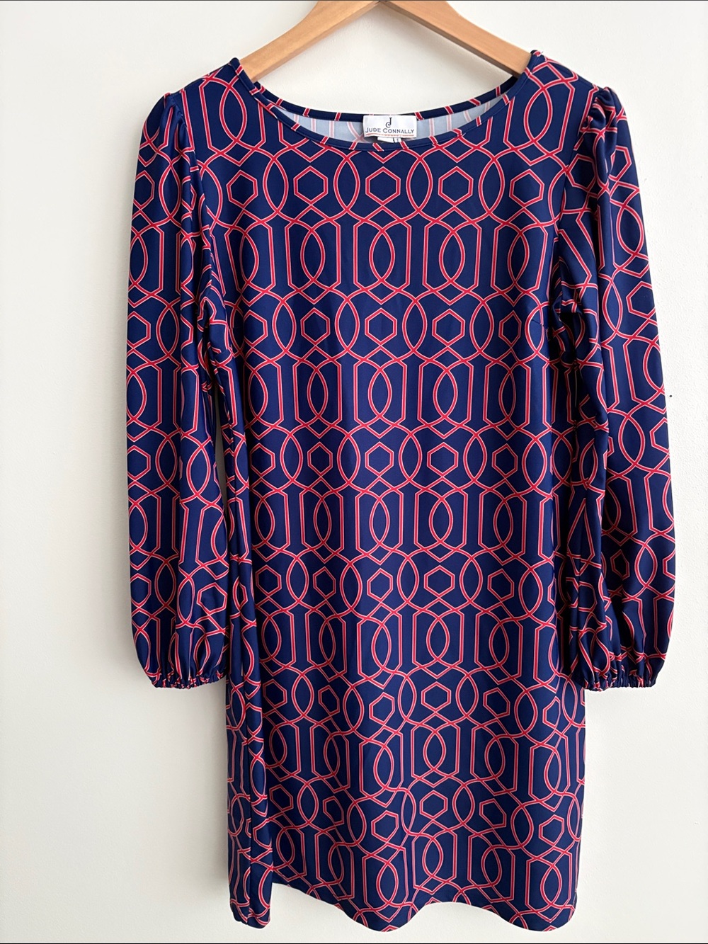 Jude Connally Chloe Puff Sleeve Dress in Navy Red Geometric Print Travel Size L